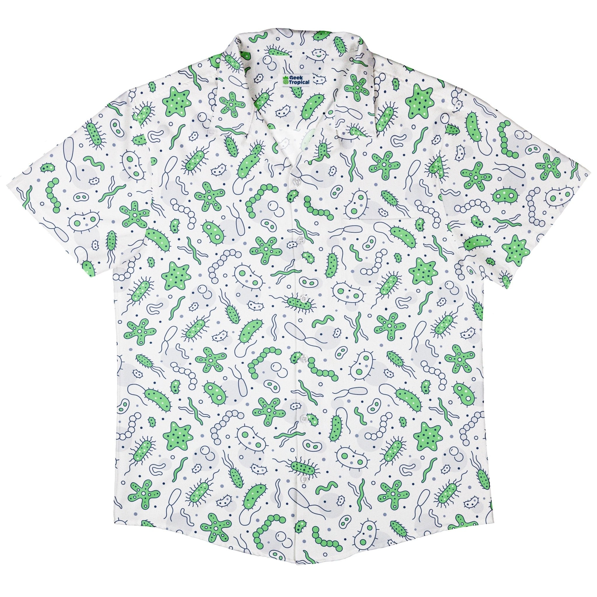 Science Green Microbes White Button Up Shirt - adult sizing - science print -