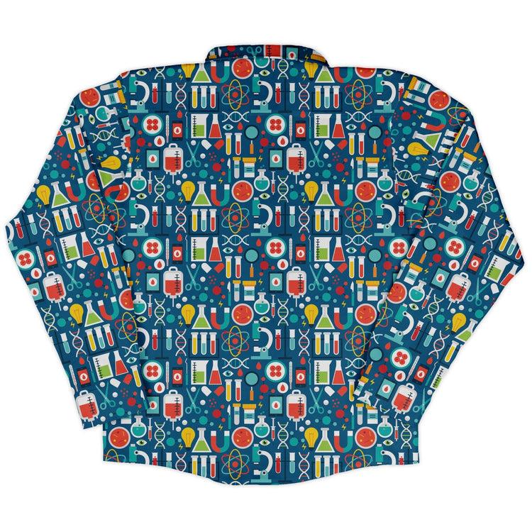 Science Lab Blue Science Long Sleeve Button Up Shirt Geek Nerd adult sizing FLOW DESC WRITING science print
