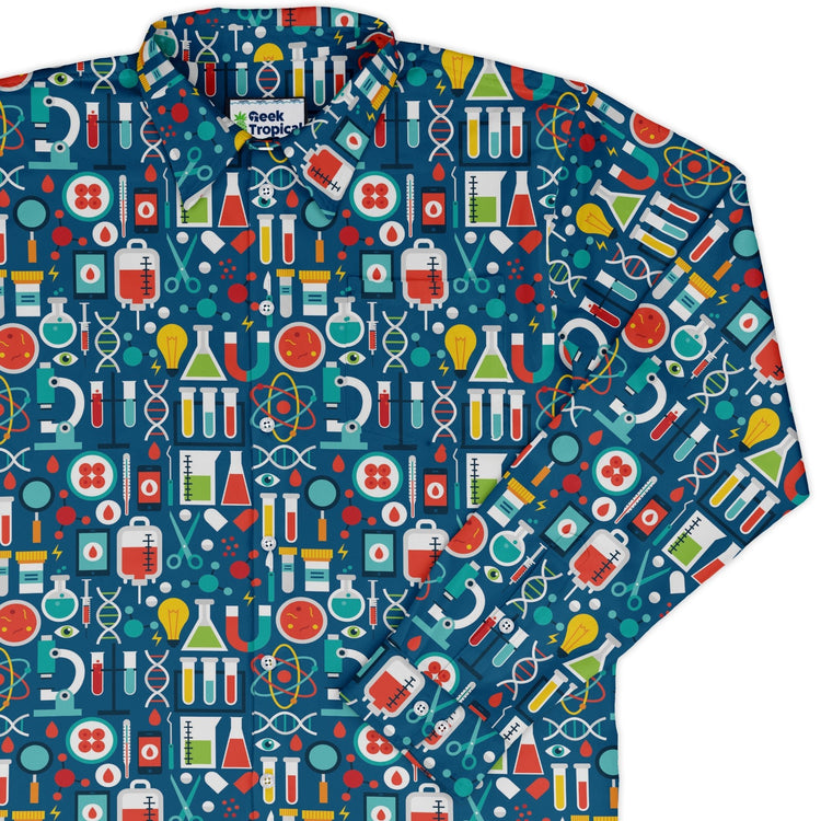 Science Lab Blue Science Long Sleeve Button Up Shirt Geek Nerd adult sizing FLOW DESC WRITING science print
