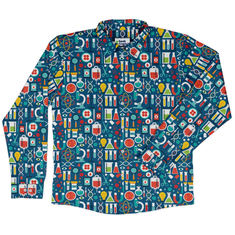 Science Lab Blue Science Long Sleeve Button Up Shirt Geek Nerd adult sizing FLOW DESC WRITING science print