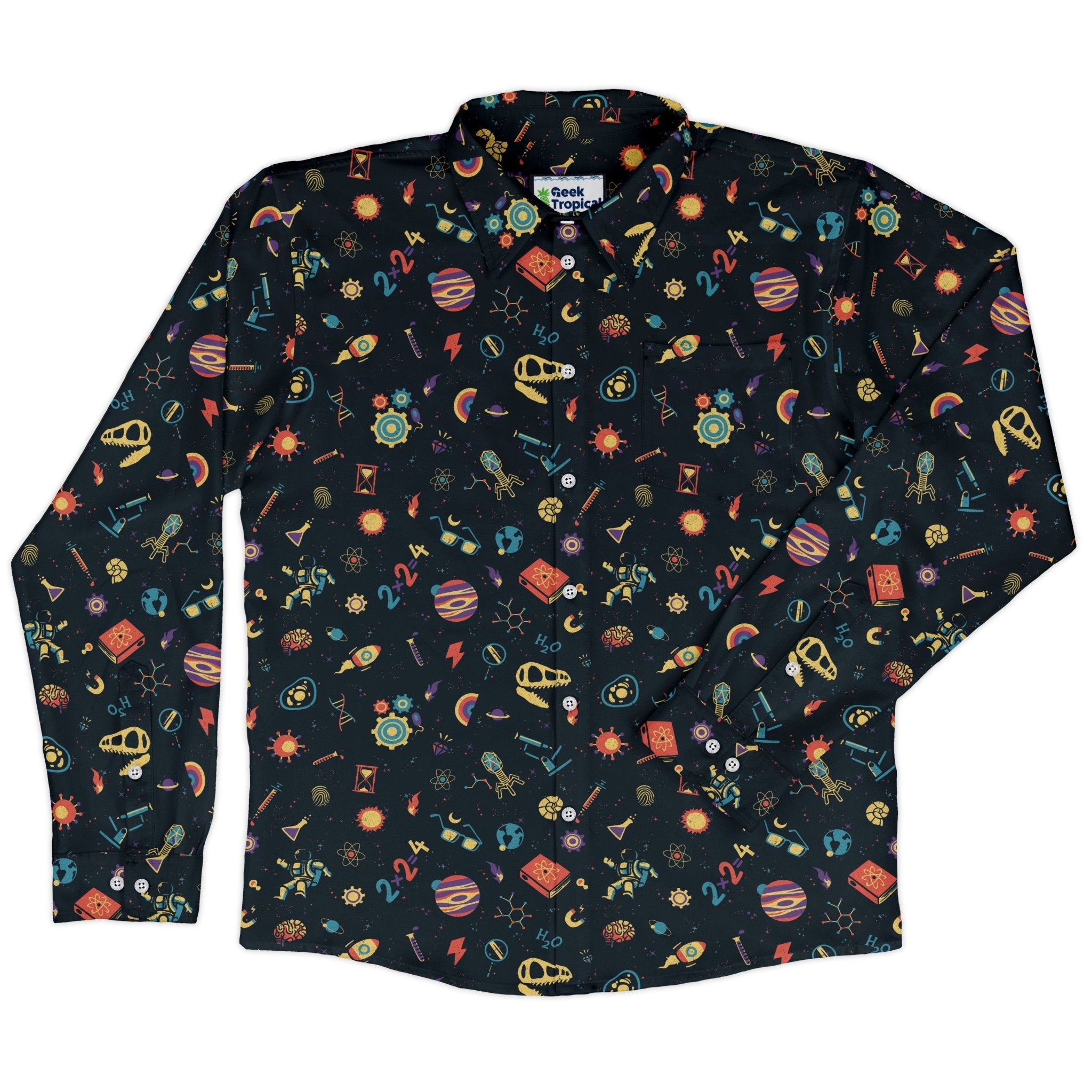 Science Love Long Sleeve Button Up Shirt Geek Nerd adult sizing Design by Tobe Fonseca FLOW DESC WRITING
