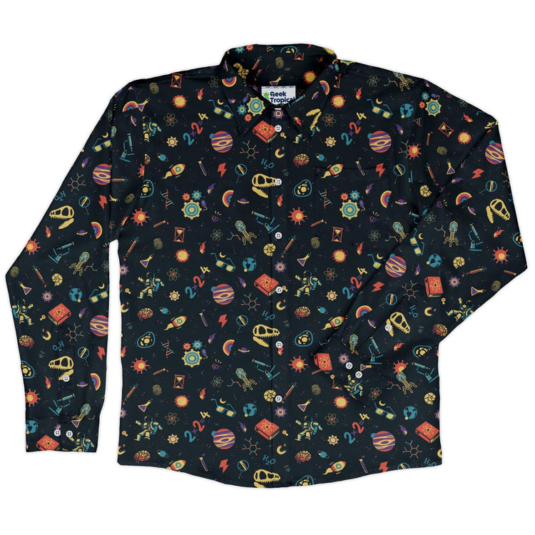 Science Love Long Sleeve Button Up Shirt Geek Nerd adult sizing Design by Tobe Fonseca FLOW DESC WRITING