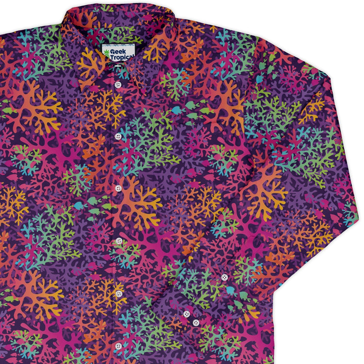 Science Marine Biology Rainbow Coral Long Sleeve Button Up Shirt Geek Nerd adult sizing FLOW DESC WRITING Maximalist Patterns