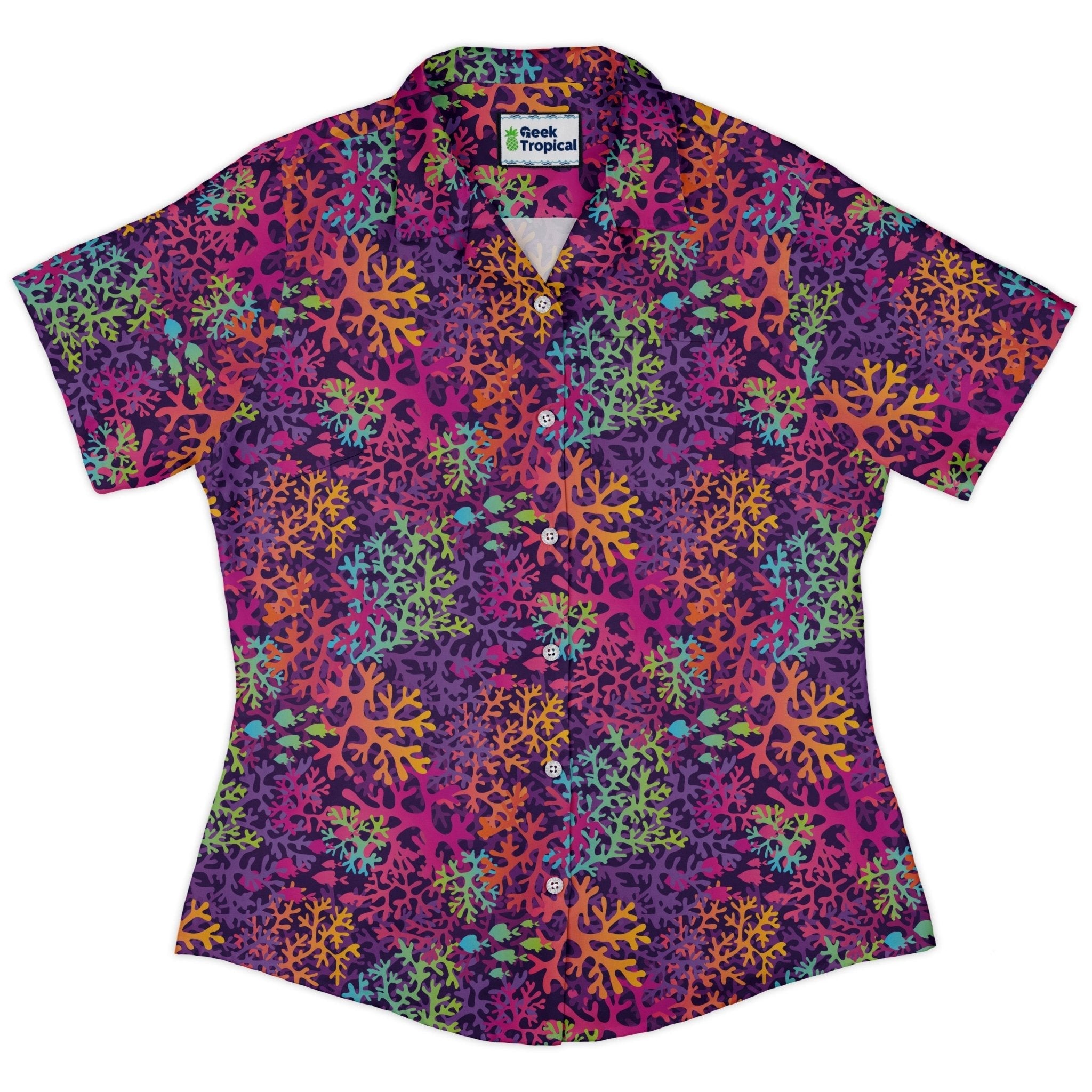 Clearance Ready - to - Ship Science Marine Biology Rainbow Coral Curvy Button Up Shirt Geek Nerd Clearance Maximalist Patterns Ready - to - Ship