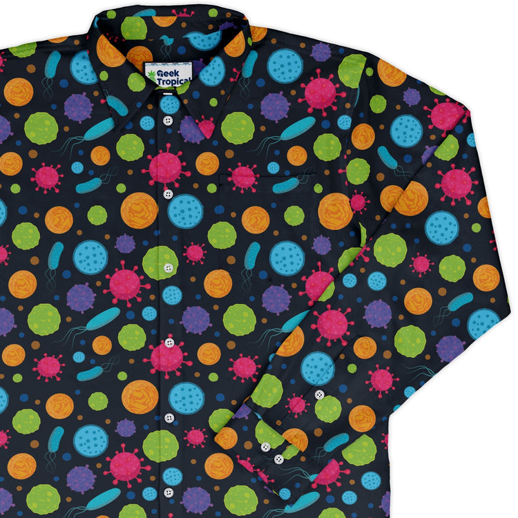 Science Microbiology Rainbow Navy Long Sleeve Button Up Shirt Geek Nerd adult sizing FLOW DESC WRITING science print