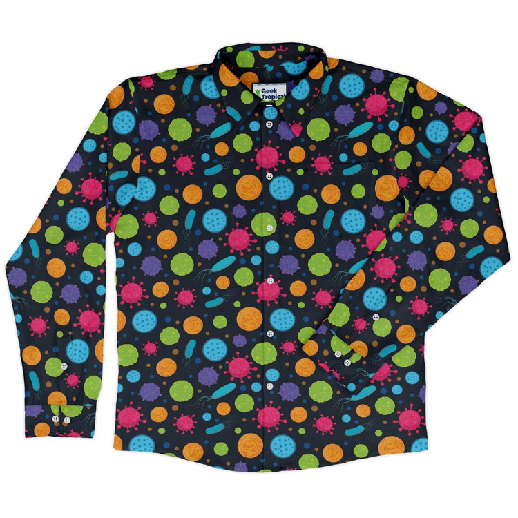 Science Microbiology Rainbow Navy Long Sleeve Button Up Shirt Geek Nerd adult sizing FLOW DESC WRITING science print