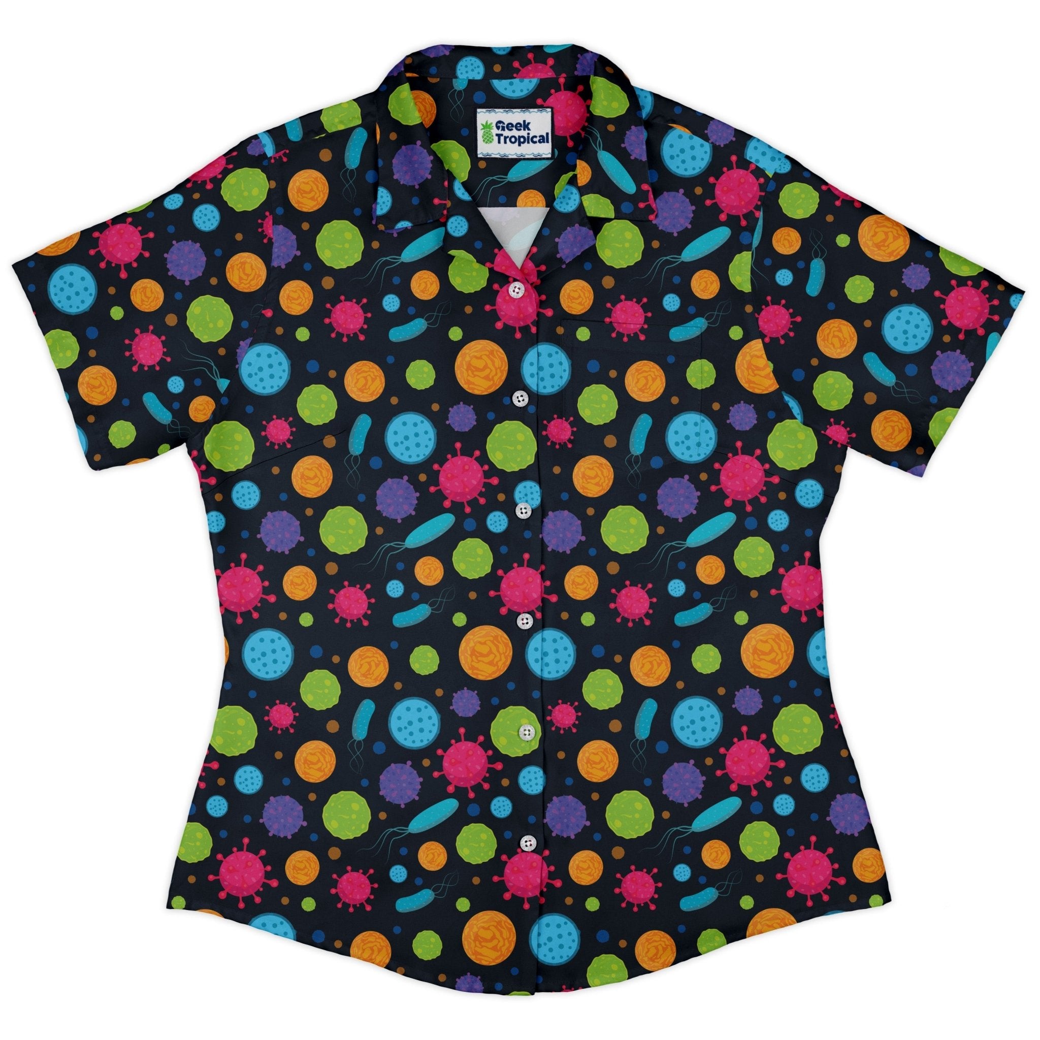 Science Microbiology Rainbow Navy Curvy Button Up Shirt Geek Nerd science print women