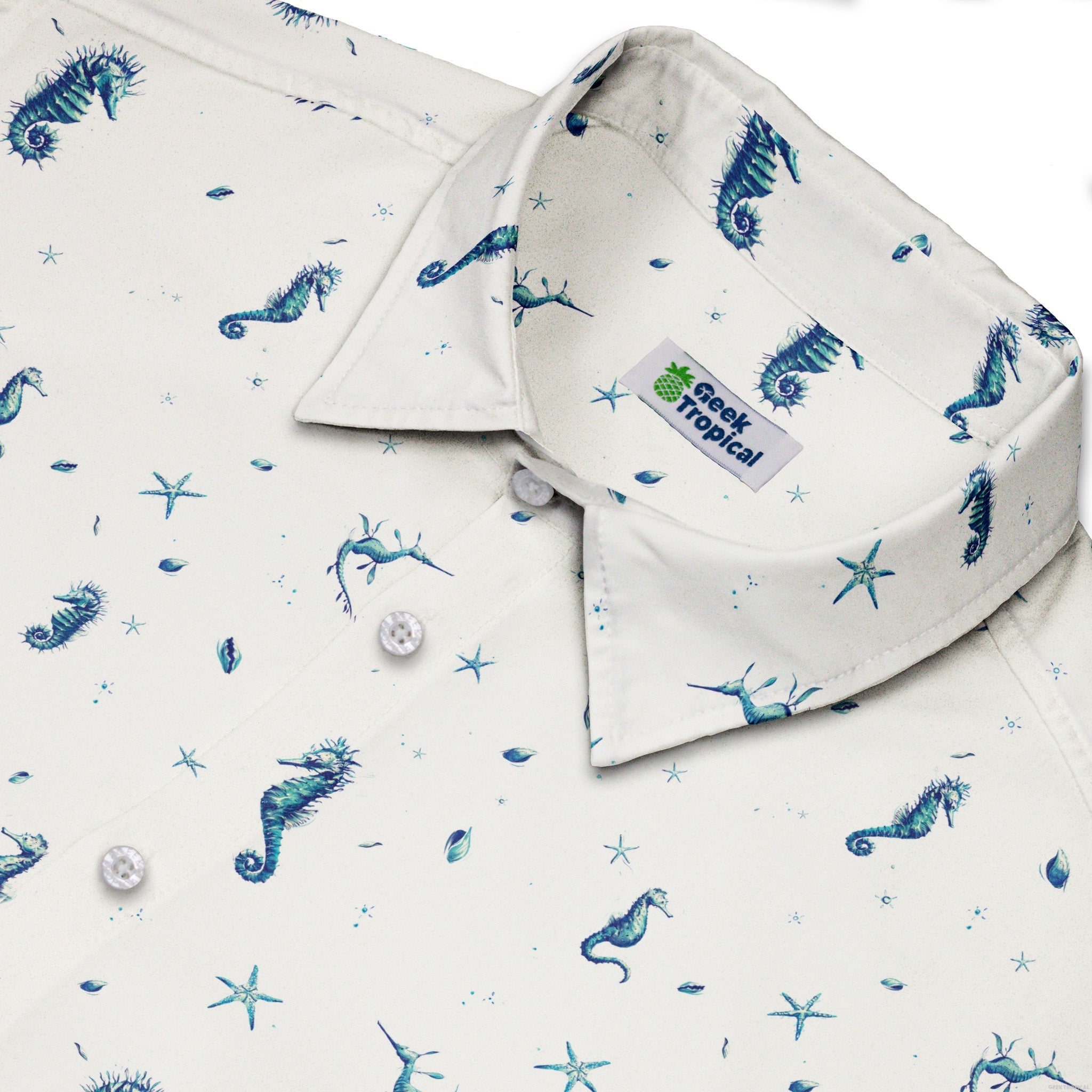 Seahorses Floating Button Up Shirt Geek Nerd adult sizing Design by Vlad Mel Marine biology