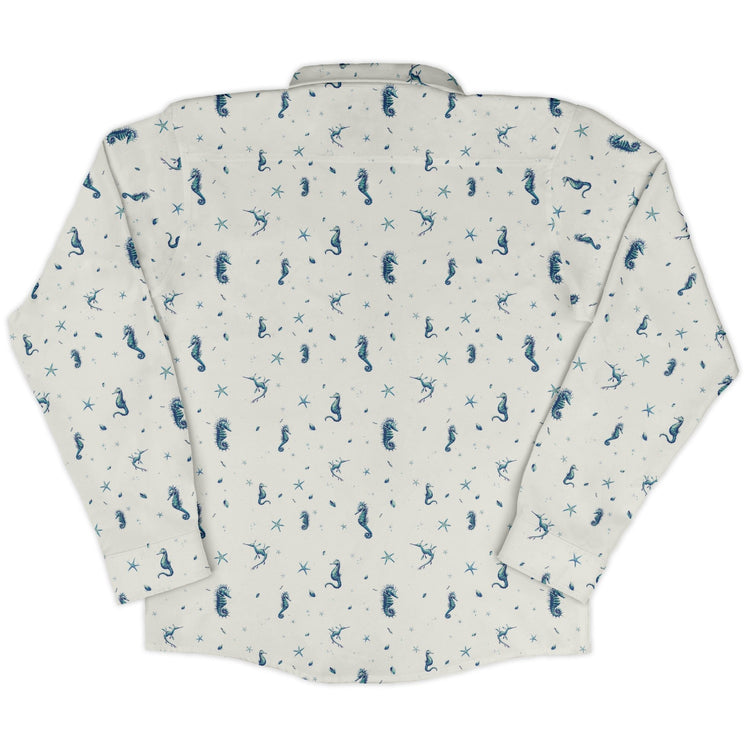 Seahorses Floating Long Sleeve Button Up Shirt Geek Nerd adult sizing Design by Vlad Mel FLOW DESC WRITING