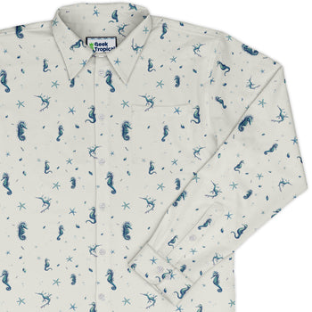 Seahorses Floating Long Sleeve Button Up Shirt Geek Nerd adult sizing Design by Vlad Mel FLOW DESC WRITING