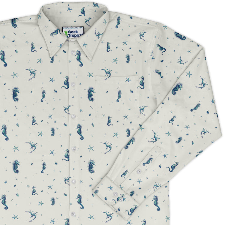 Seahorses Floating Long Sleeve Button Up Shirt Geek Nerd adult sizing Design by Vlad Mel FLOW DESC WRITING