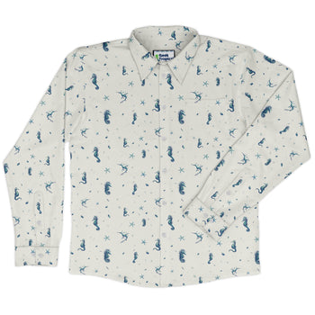 Seahorses Floating Long Sleeve Button Up Shirt Geek Nerd adult sizing Design by Vlad Mel FLOW DESC WRITING