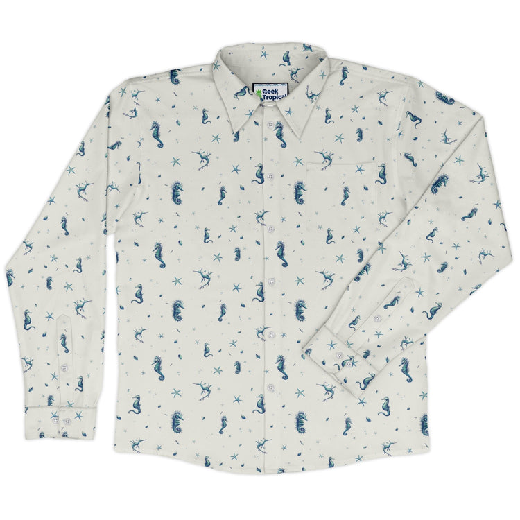 Seahorses Floating Long Sleeve Button Up Shirt Geek Nerd adult sizing Design by Vlad Mel FLOW DESC WRITING