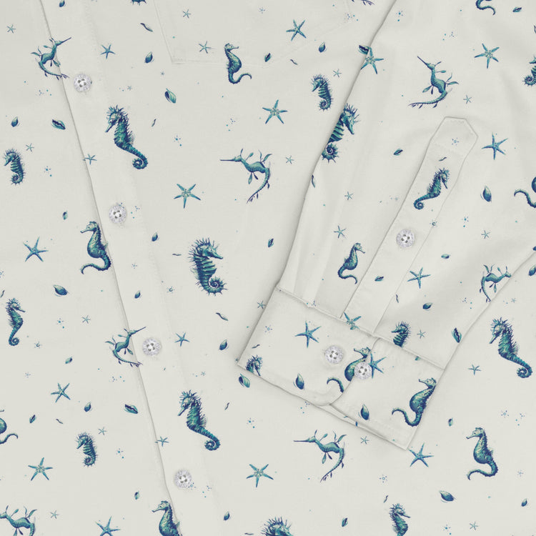 Seahorses Floating Long Sleeve Button Up Shirt Geek Nerd adult sizing Design by Vlad Mel FLOW DESC WRITING