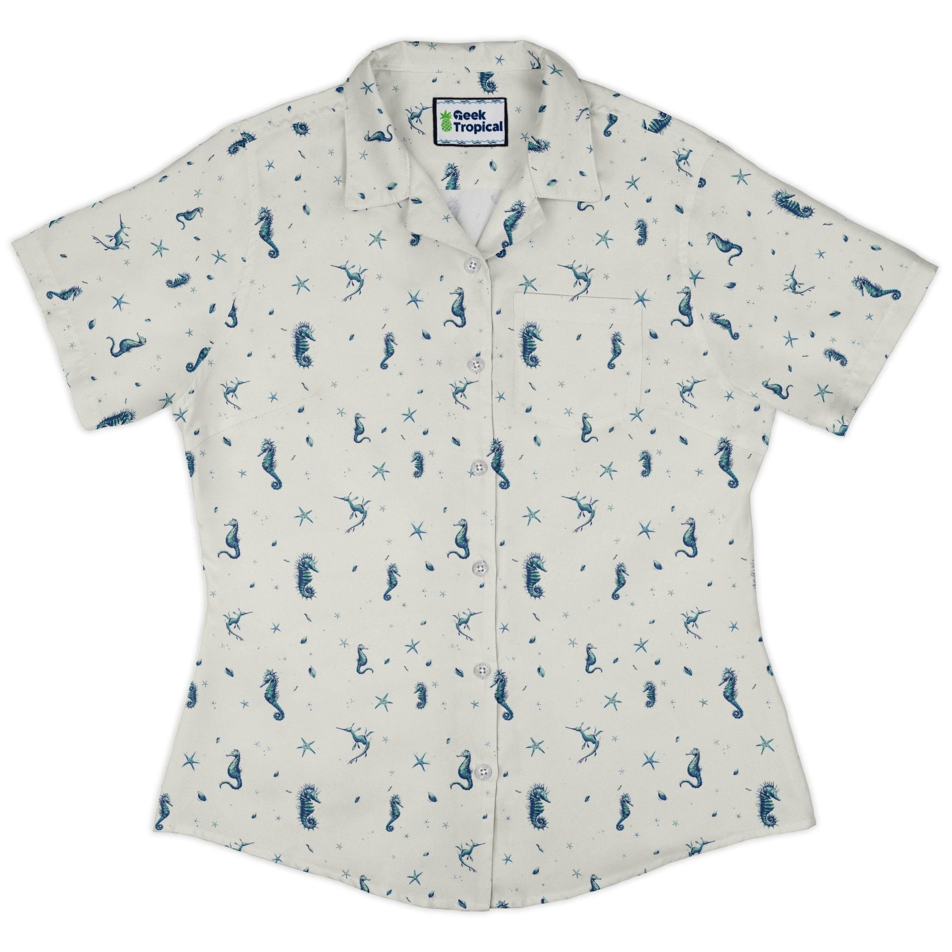 Clearance Ready - to - Ship Seahorses Floating Curvy Button Up Shirt Geek Nerd Clearance Design by Vlad Mel Marine biology