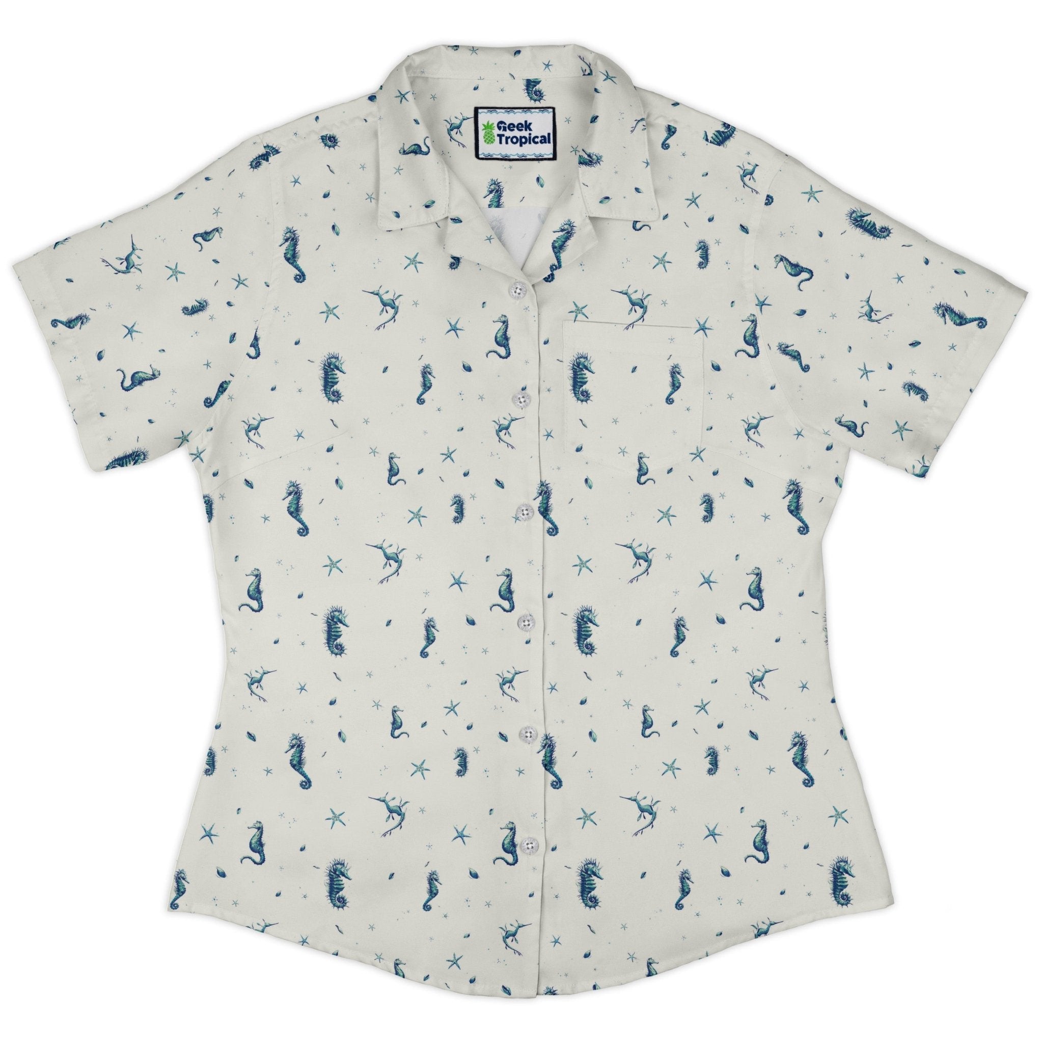 Clearance Ready - to - Ship Seahorses Floating Curvy Button Up Shirt Geek Nerd Clearance Design by Vlad Mel Marine biology