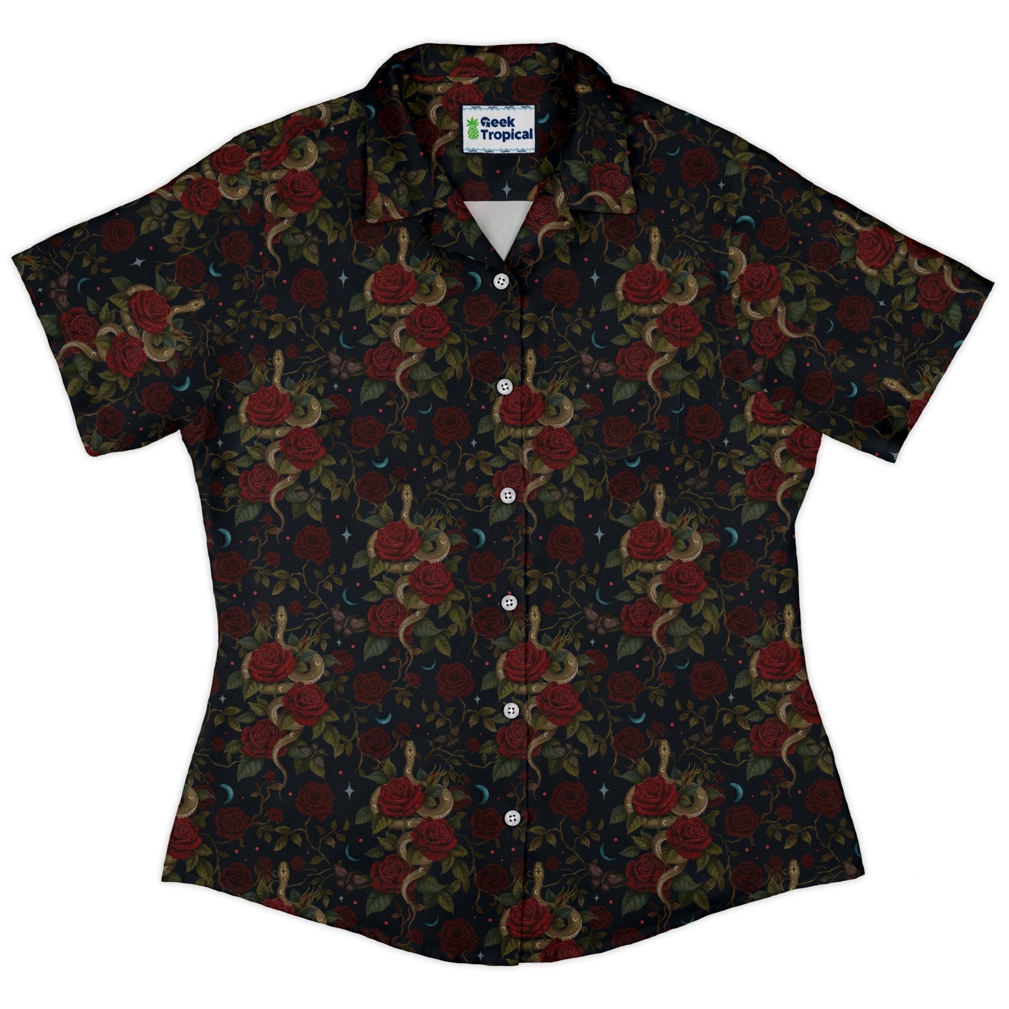 Serpent and Rose Curvy Button Up Shirt Geek Nerd 0925 All Adult Button Up Shirts Animal Patterns