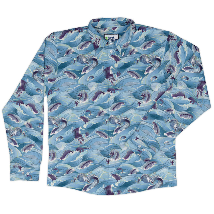 Serpent of the Sea Blue Anime Long Sleeve Button Up Shirt Geek Nerd adult sizing Anime Design by Claire Murphy