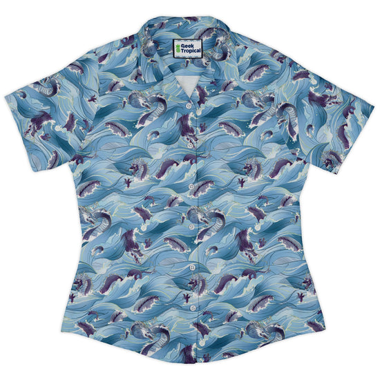 Serpent of the Sea Blue Anime Curvy Button Up Shirt Geek Nerd Anime Design by Claire Murphy Fantasy Prints