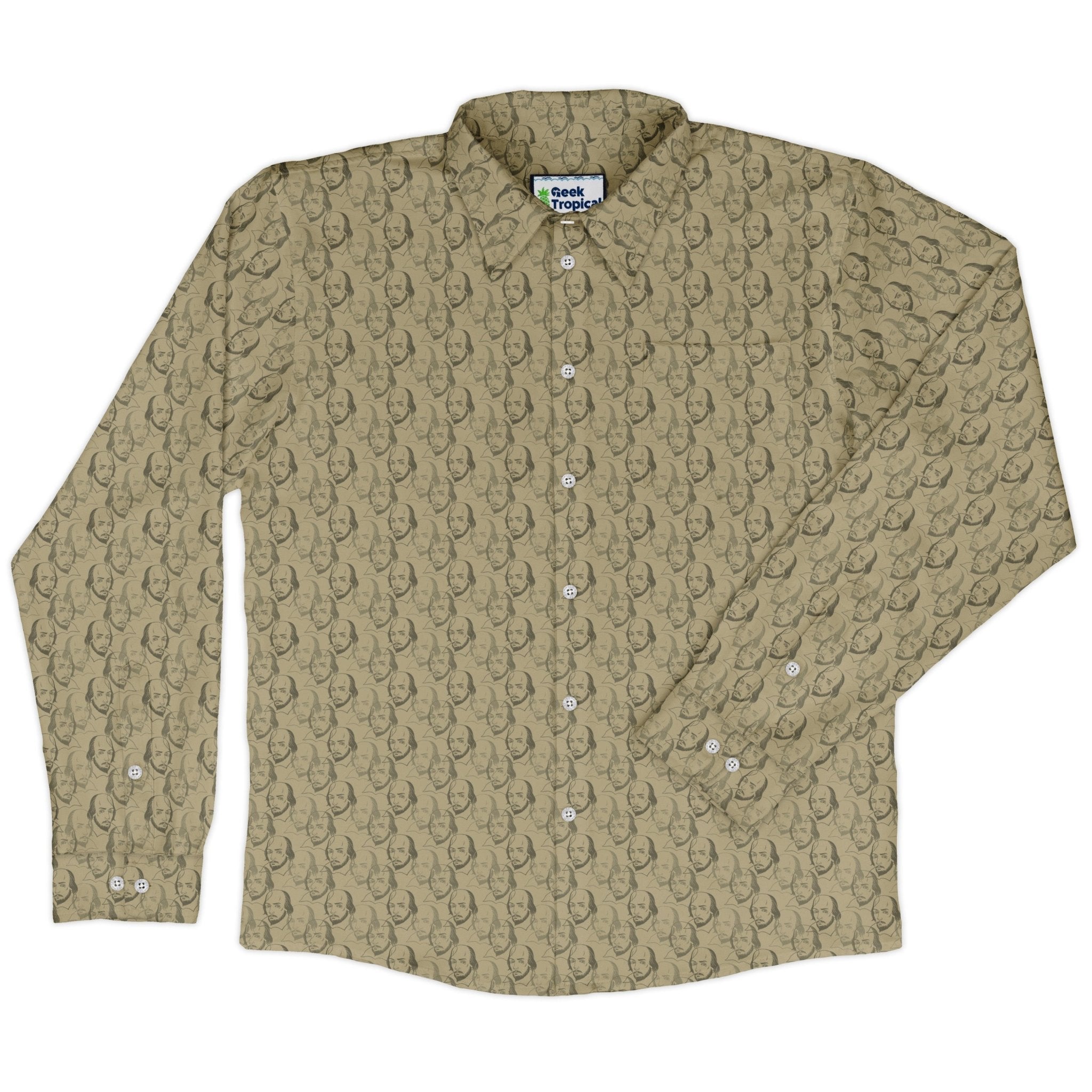 Shakespeare Tan Monochrome Long Sleeve Button Up Shirt Geek Nerd adult sizing Book Prints FLOW DESC WRITING