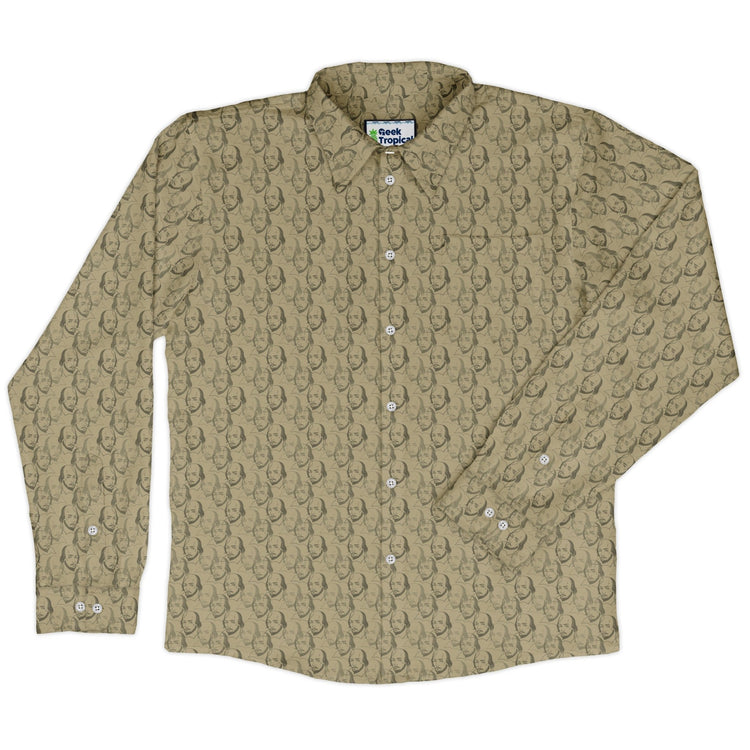 Shakespeare Tan Monochrome Long Sleeve Button Up Shirt Geek Nerd adult sizing Book Prints FLOW DESC WRITING