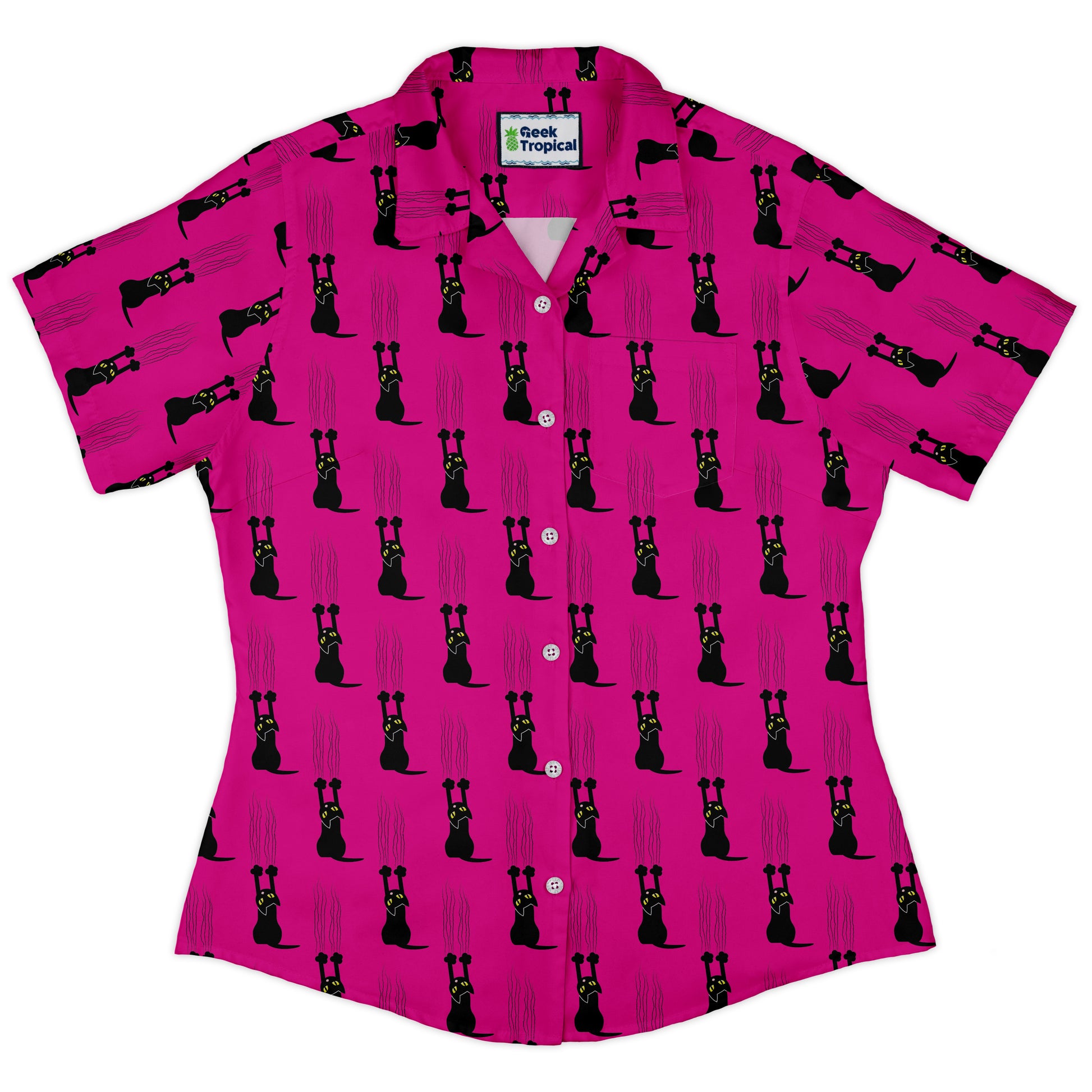 Silly Cat astrophe Pink Curvy Button Up Shirt Old Curvy Button Up Shirt womens front