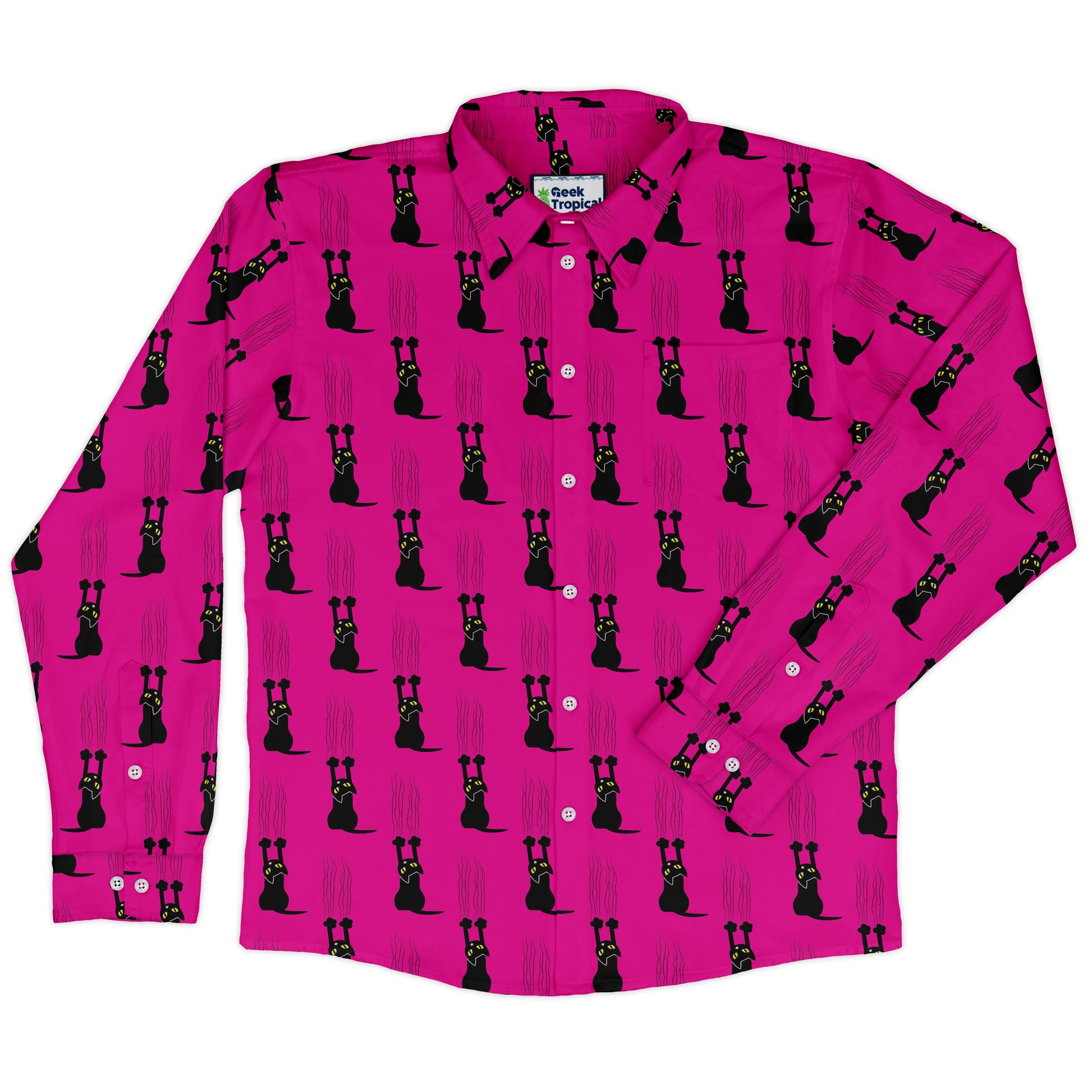 Silly Cat astrophe Pink Long Sleeve Button Up Shirt front