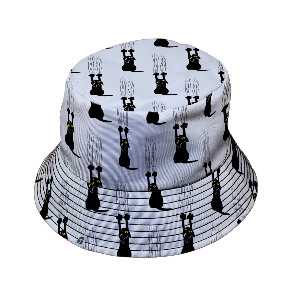 Silly Cat astrophe White Bucket Hat Black Stitching