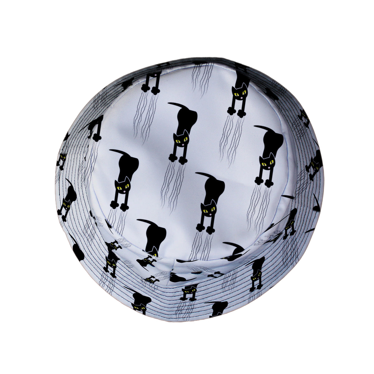 Silly Cat astrophe White Bucket Hat Top View