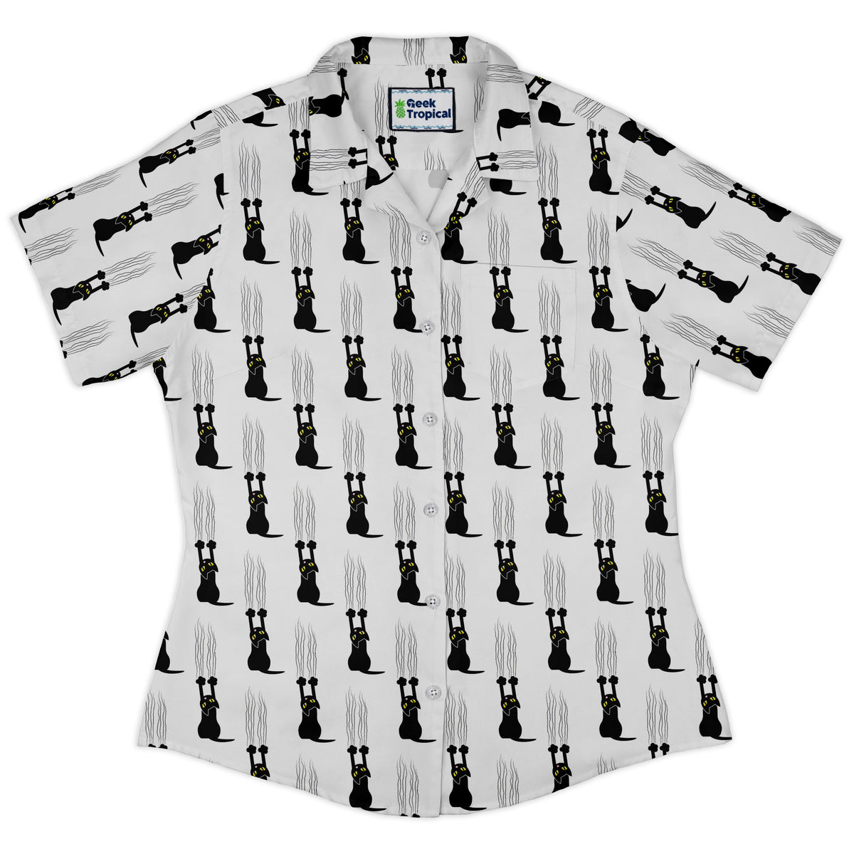 Silly Cat astrophe White Curvy Button Up Shirt Old Curvy Button Up Shirt womens front