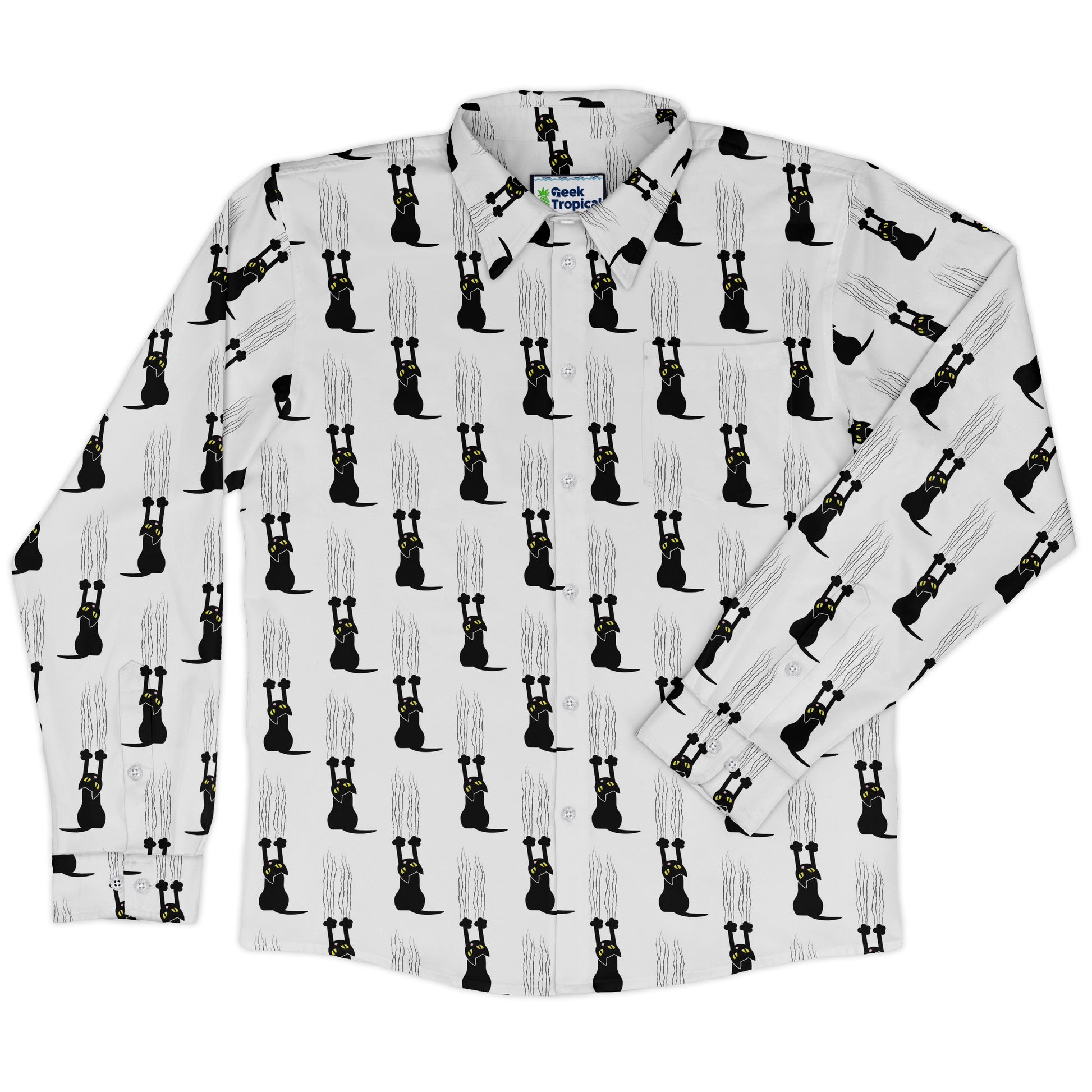 Silly Cat astrophe White Long Sleeve Button Up Shirt front