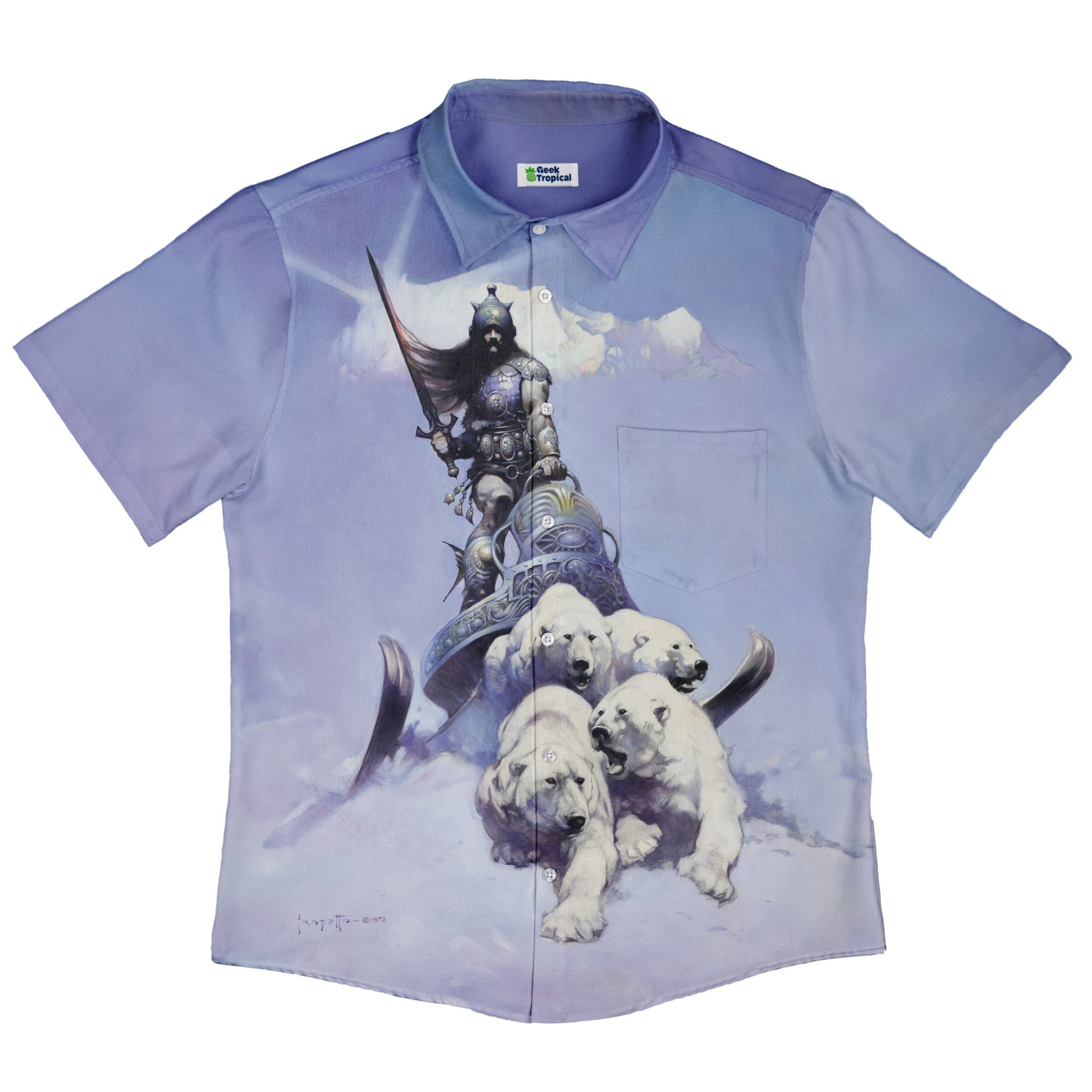 Silver Warrior Button Up Shirt - adult sizing - Design by Frank Frazetta - Fantasy Prints