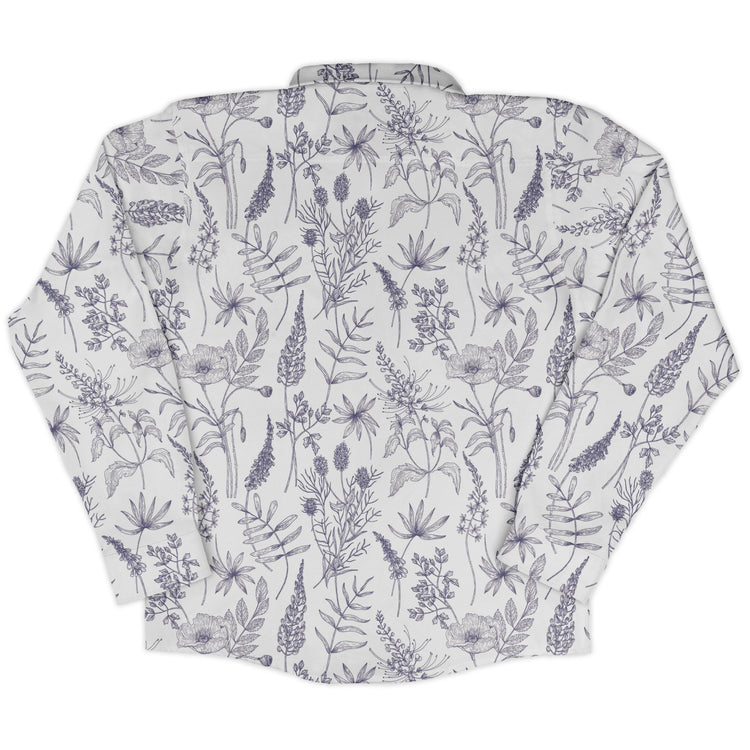 Simple Botany Flowers Herbs White Blue Long Sleeve Button Up Shirt Geek Nerd adult sizing Botany Print FLOW DESC WRITING