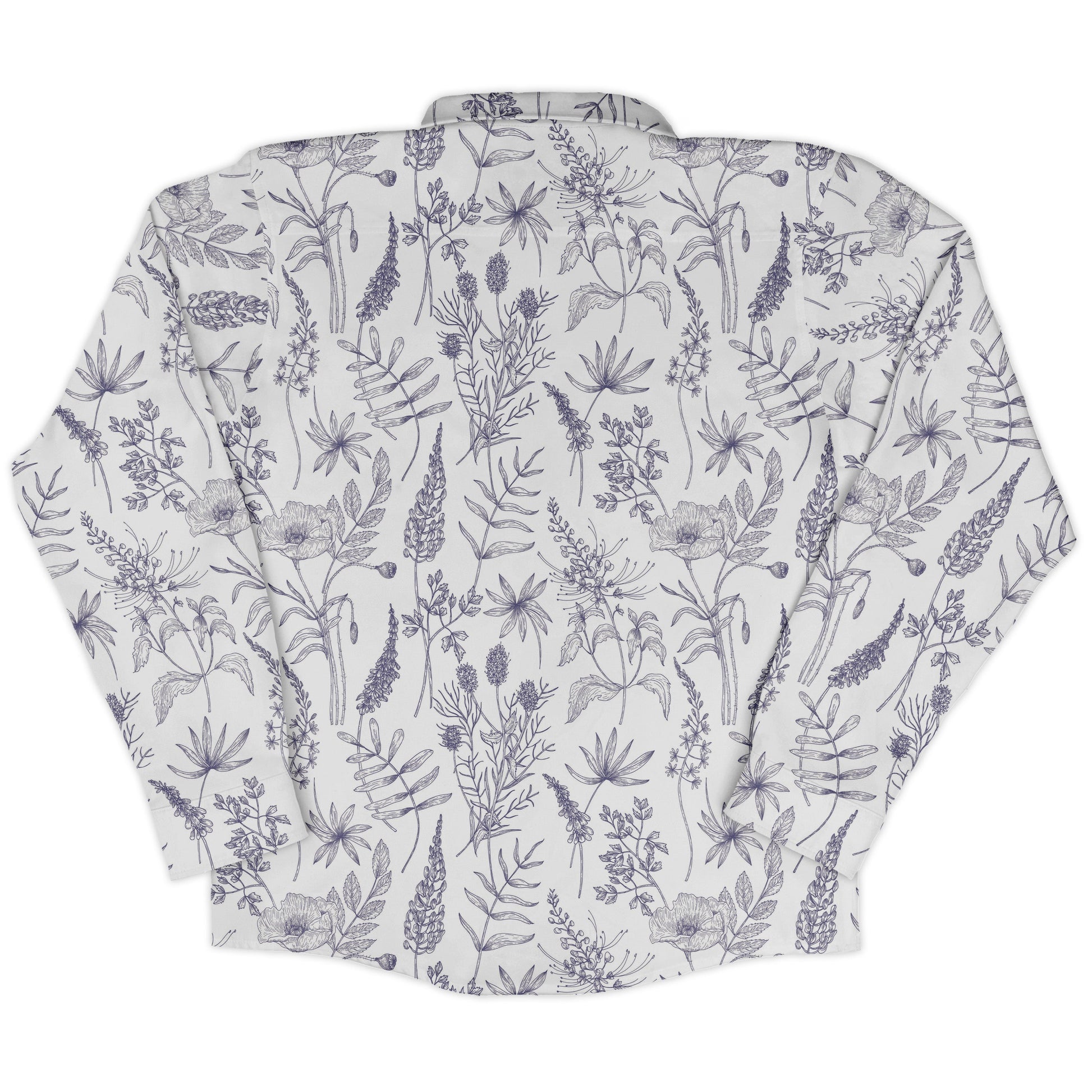Simple Botany Flowers Herbs White Blue Long Sleeve Button Up Shirt