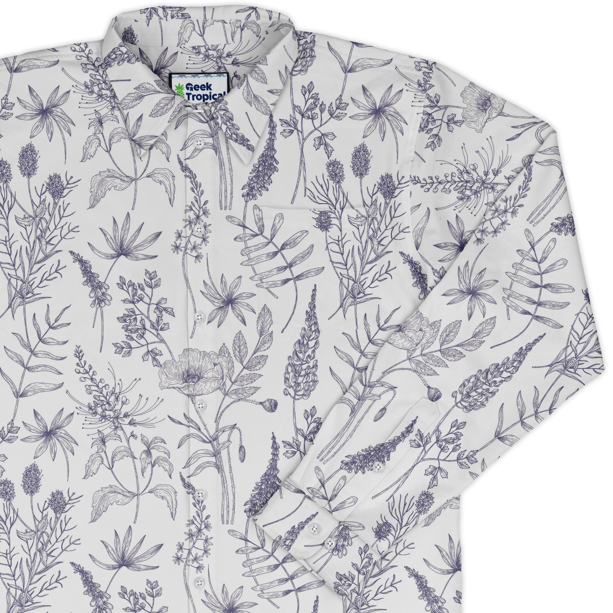 Simple Botany Flowers Herbs White Blue Long Sleeve Button Up Shirt