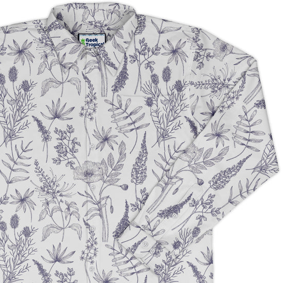 Simple Botany Flowers Herbs White Blue Long Sleeve Button Up Shirt Geek Nerd adult sizing Botany Print FLOW DESC WRITING