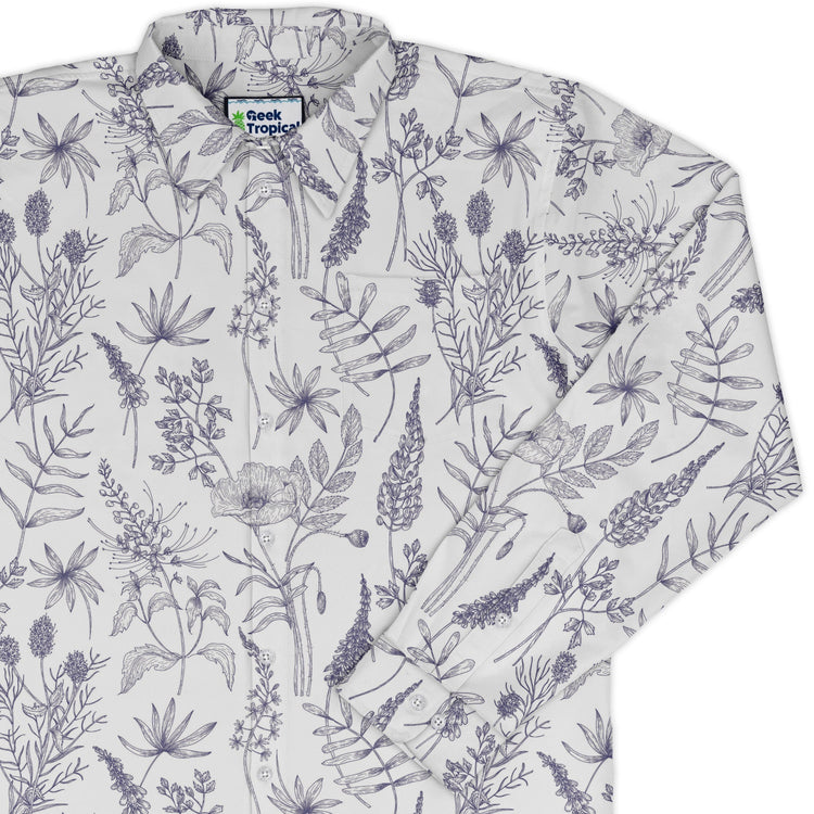 Simple Botany Flowers Herbs White Blue Long Sleeve Button Up Shirt Geek Nerd adult sizing Botany Print FLOW DESC WRITING