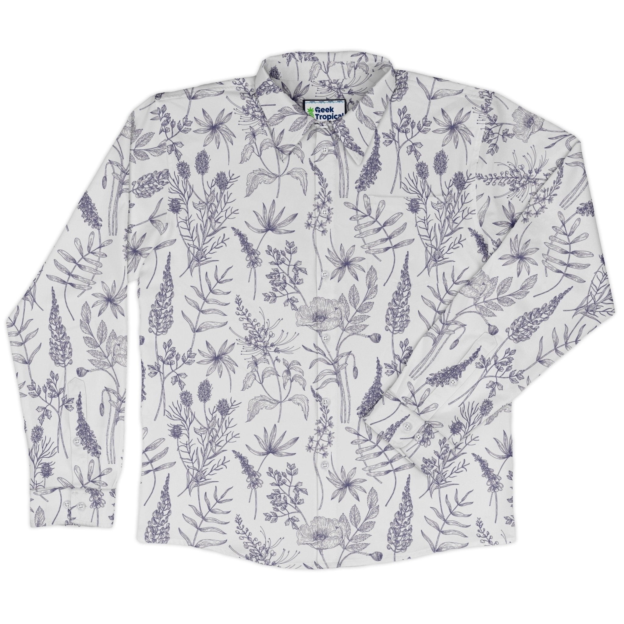 Simple Botany Flowers Herbs White Blue Long Sleeve Button Up Shirt Geek Nerd adult sizing Botany Print FLOW DESC WRITING
