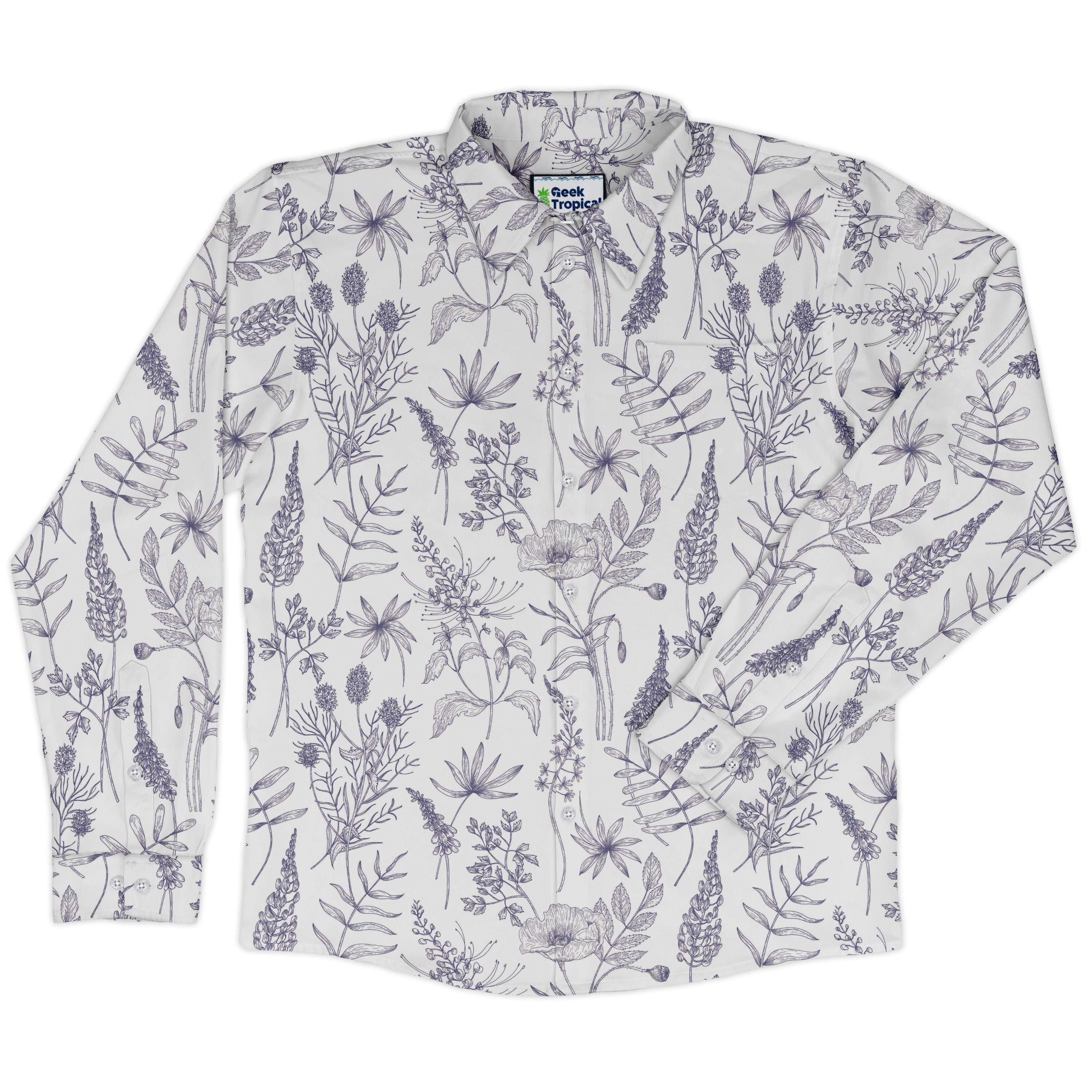Simple Botany Flowers Herbs White Blue Long Sleeve Button Up Shirt