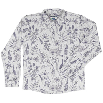 Simple Botany Flowers Herbs White Blue Long Sleeve Button Up Shirt Geek Nerd adult sizing Botany Print FLOW DESC WRITING