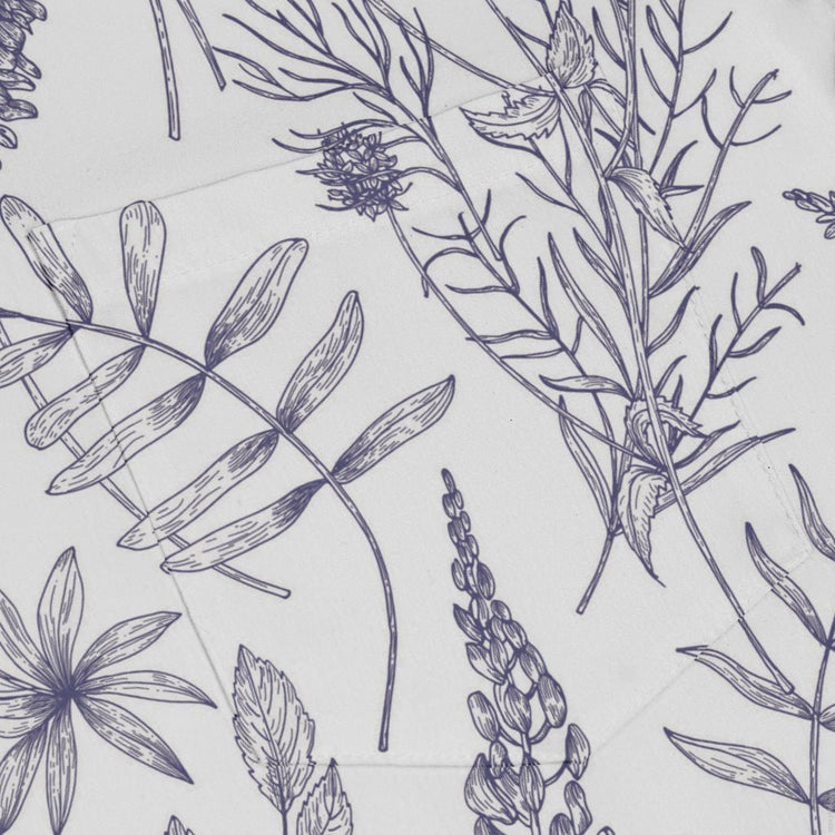 Simple Botany Flowers Herbs White Blue Long Sleeve Button Up Shirt Geek Nerd adult sizing Botany Print FLOW DESC WRITING
