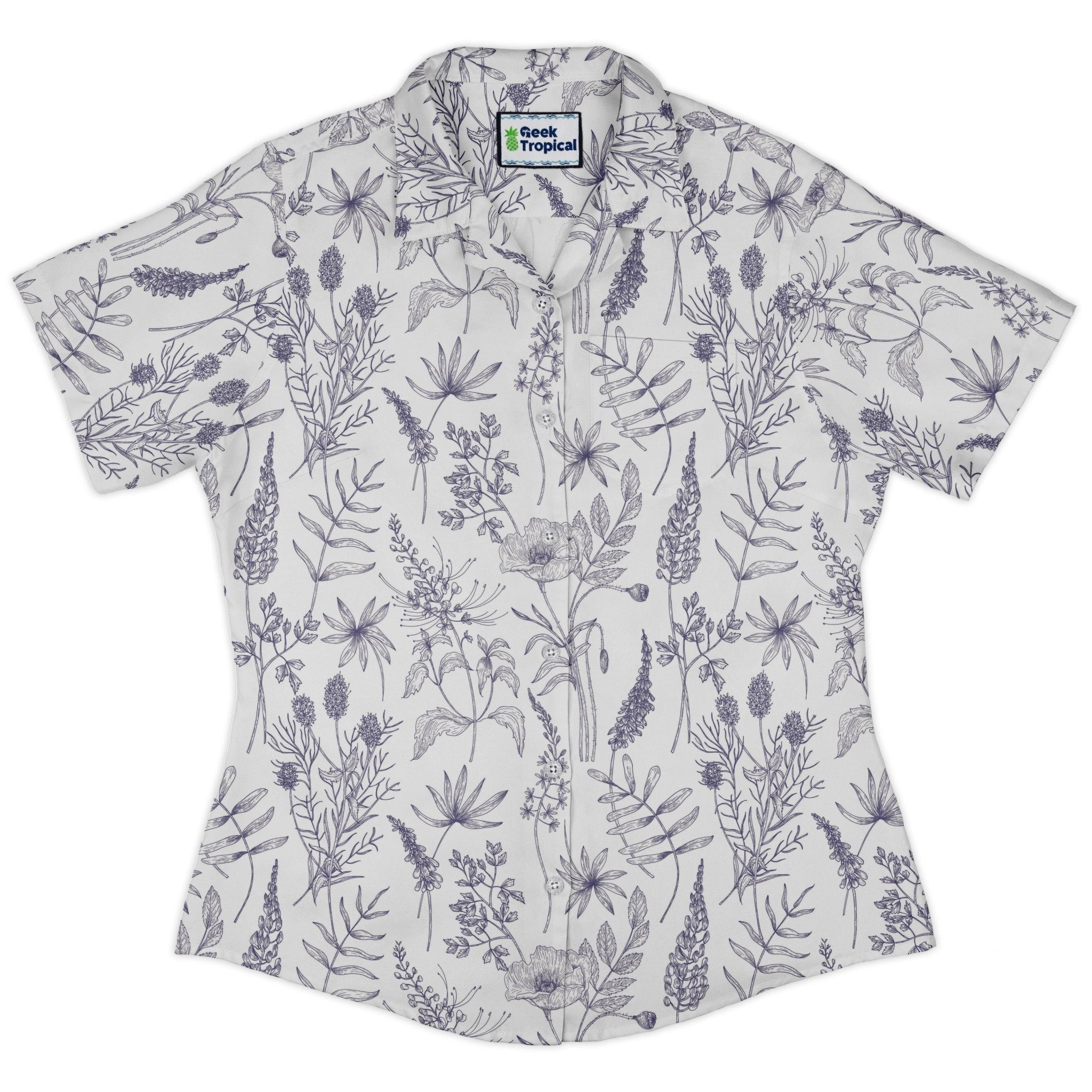 Clearance Ready - to - Ship Simple Botany Flowers Herbs White Blue Curvy Button Up Shirt Geek Nerd Botany Print Clearance Ready - to - Ship