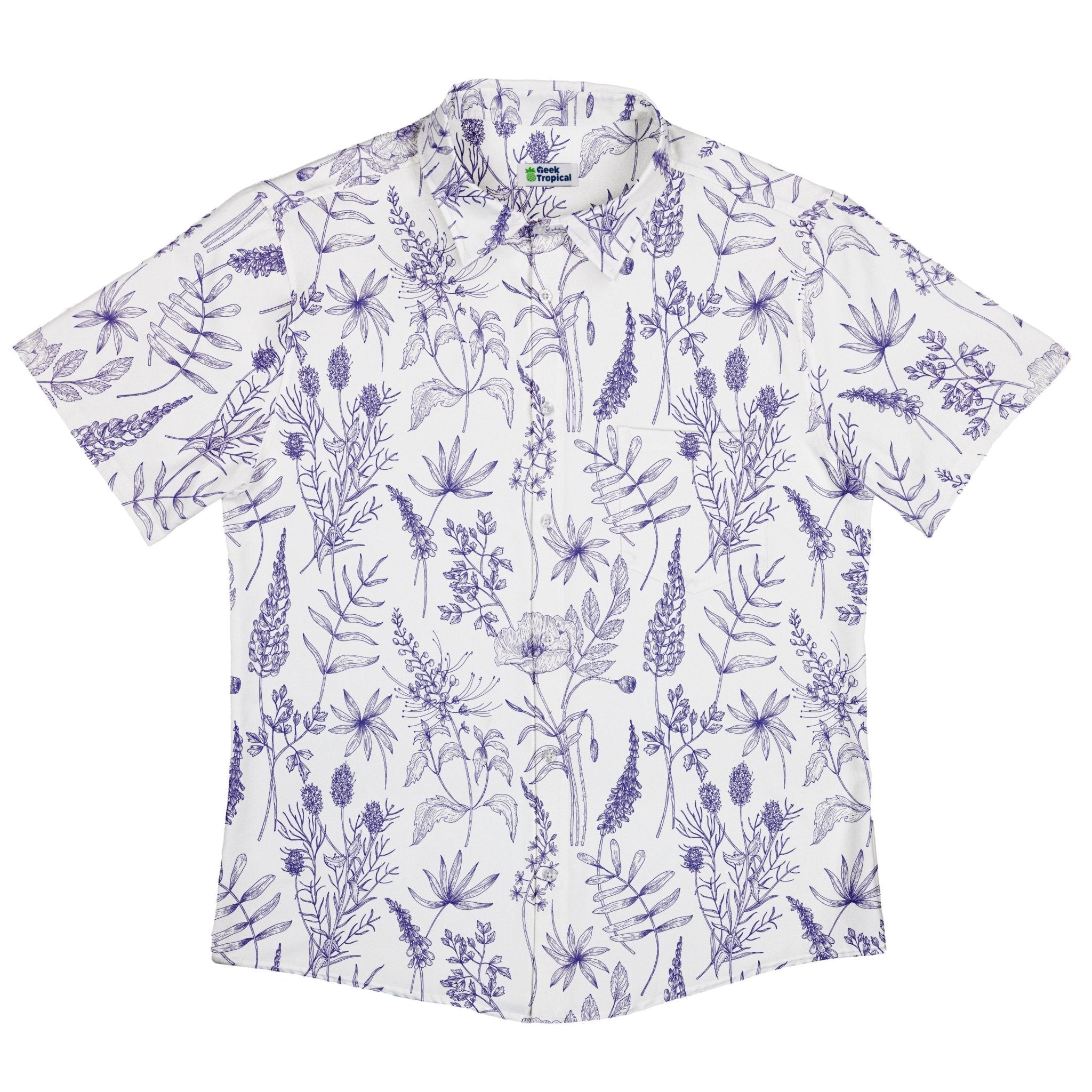 Simple Botany Flowers Herbs White Blue Button Up Shirt - adult sizing - Botany Print - Simple Patterns