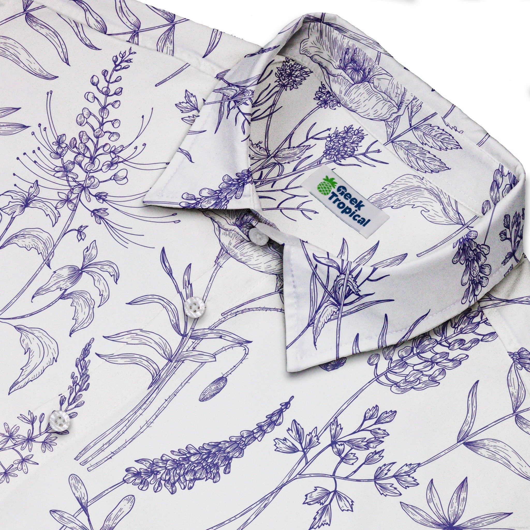 Ready - to - Ship Simple Botany Flowers Herbs White Blue Button Up Shirt Geek Nerd adult sizing Botany Print fix