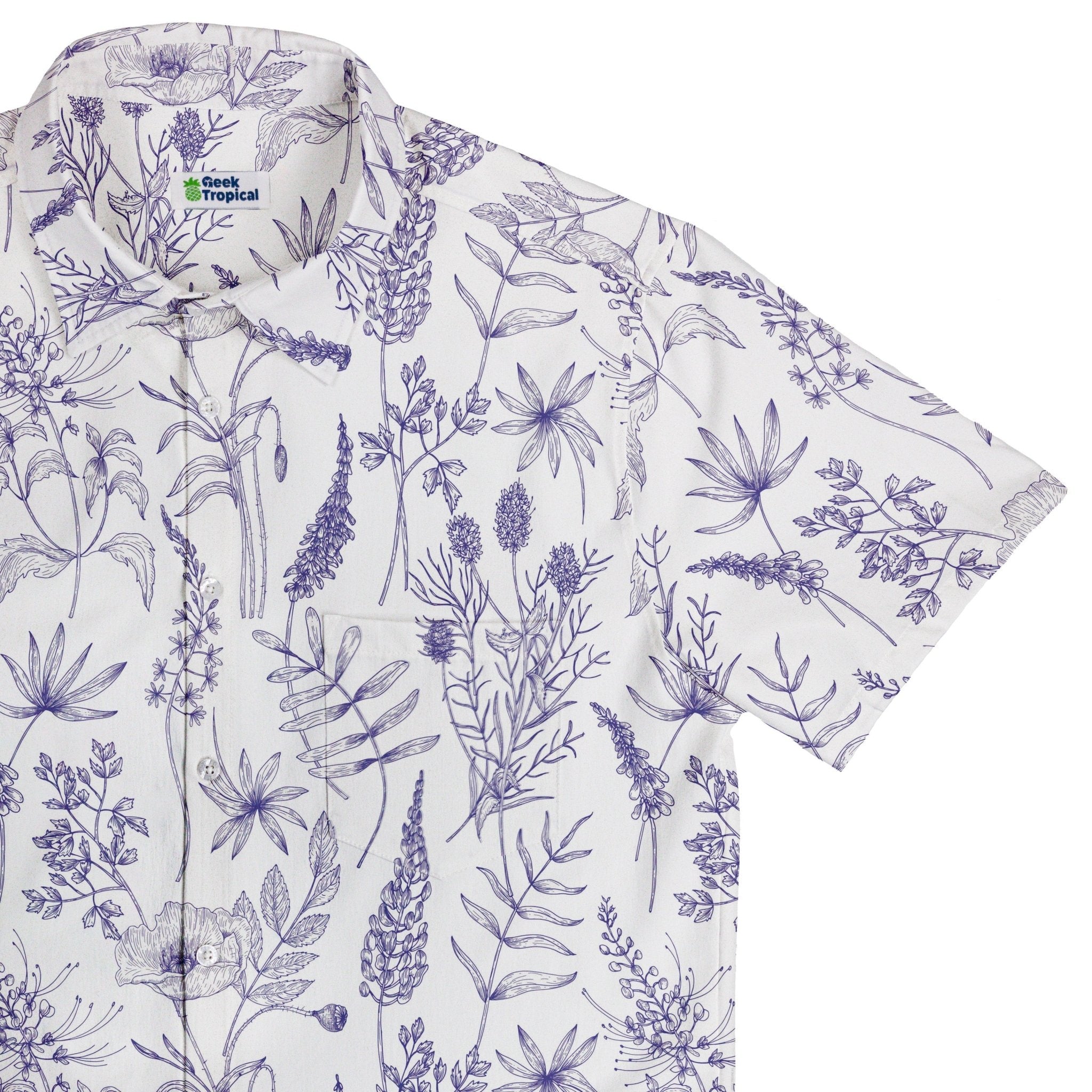 Simple Botany Flowers Herbs White Blue Button Up Shirt - adult sizing - Botany Print - Simple Patterns