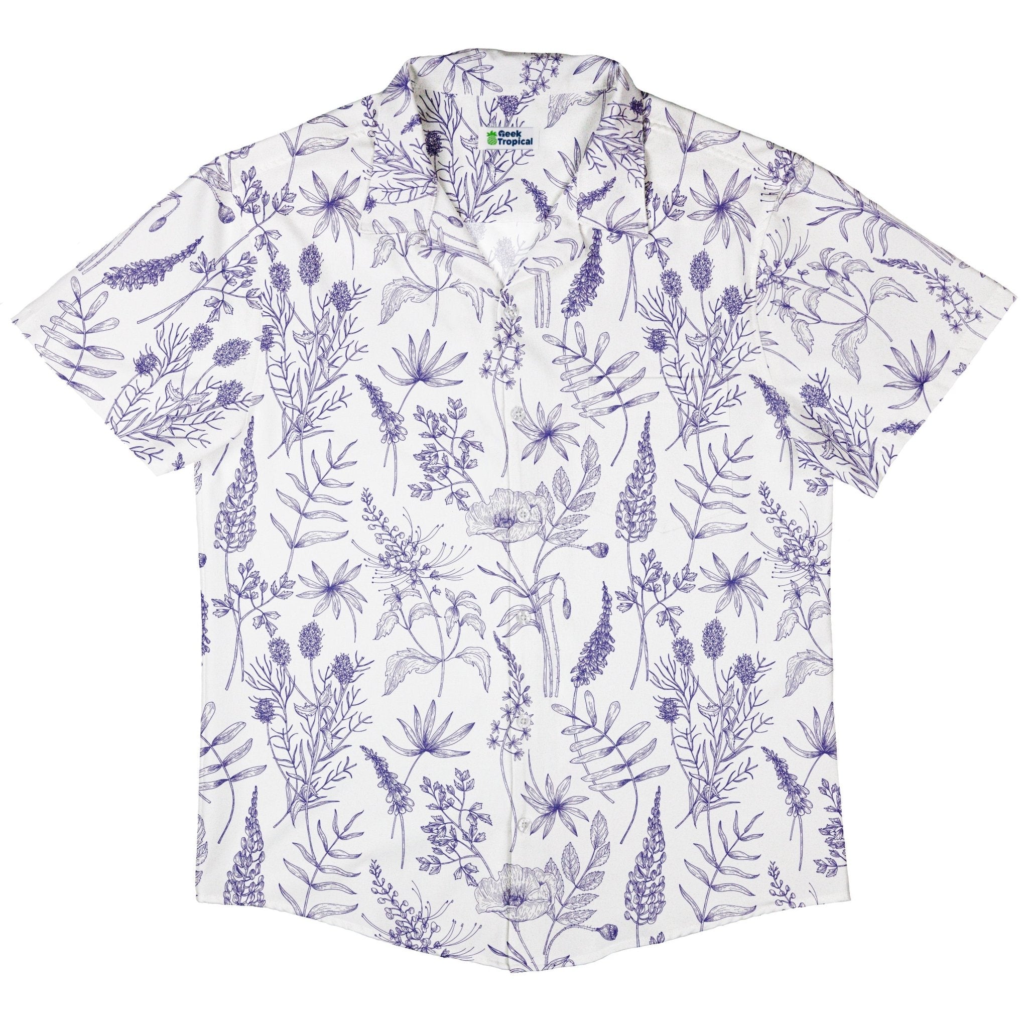 Simple Botany Flowers Herbs White Blue Button Up Shirt - adult sizing - Botany Print - Simple Patterns