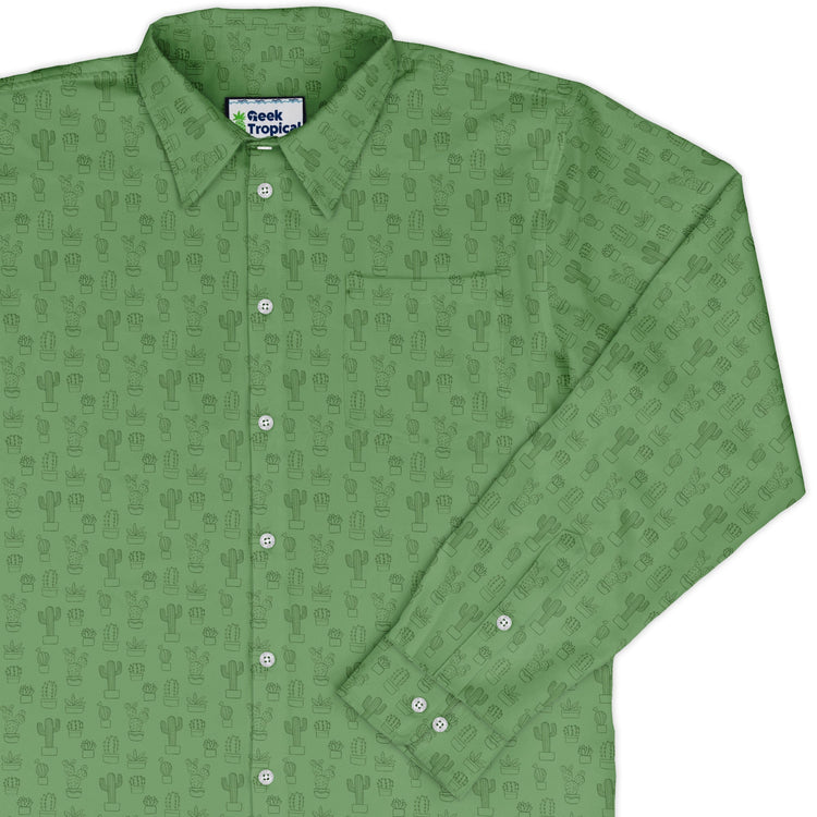 Simple Cactus Long Sleeve Button Up Shirt Geek Nerd adult sizing Botany Print FLOW DESC WRITING