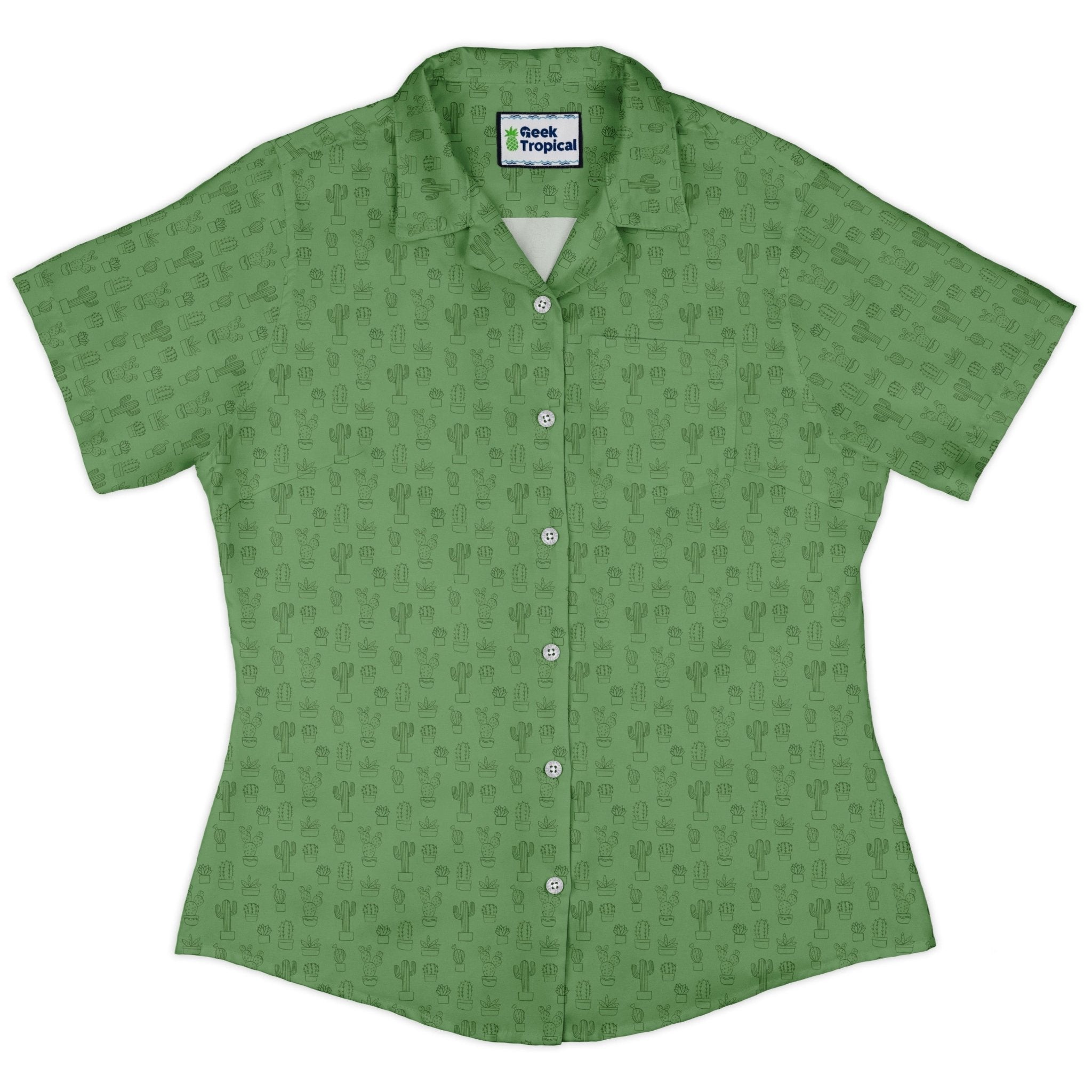 Simple Cactus Curvy Button Up Shirt Geek Nerd Botany Print Simple Patterns women