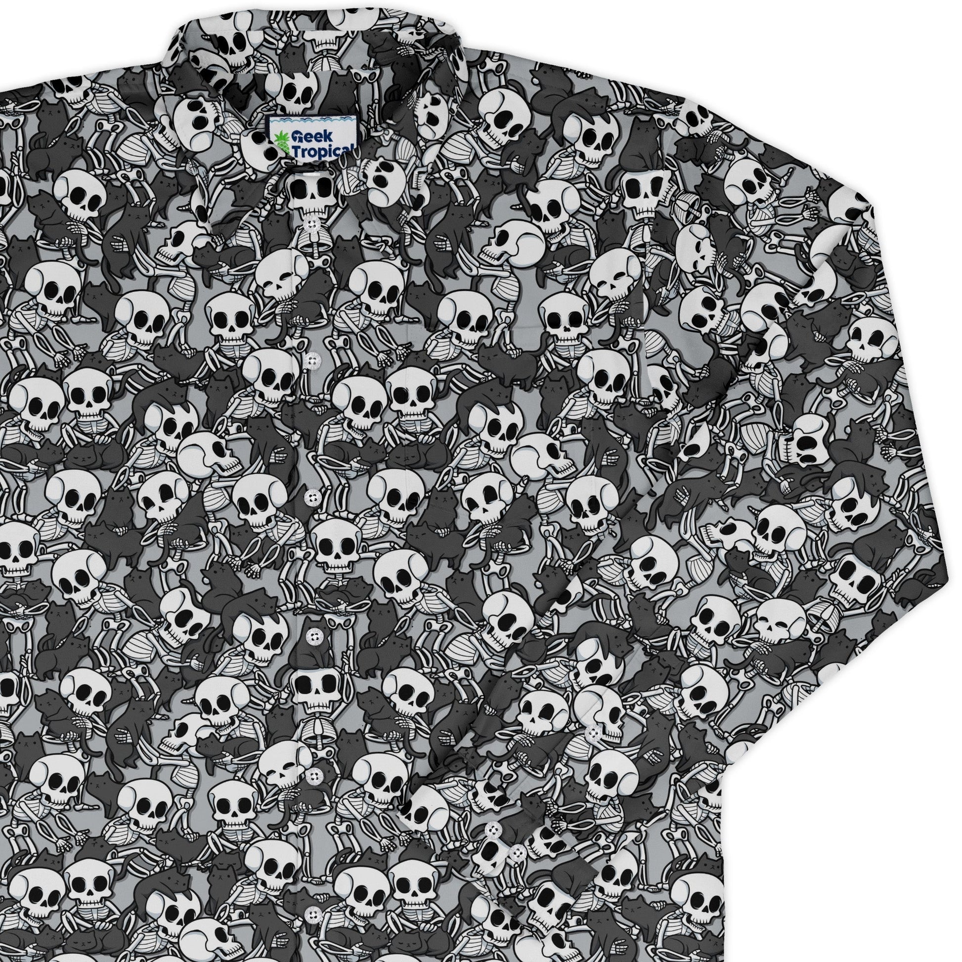 Skeleton Cat Love Long Sleeve Button Up Shirt Geek Nerd 0925 adult sizing All Adult Button Up Shirts