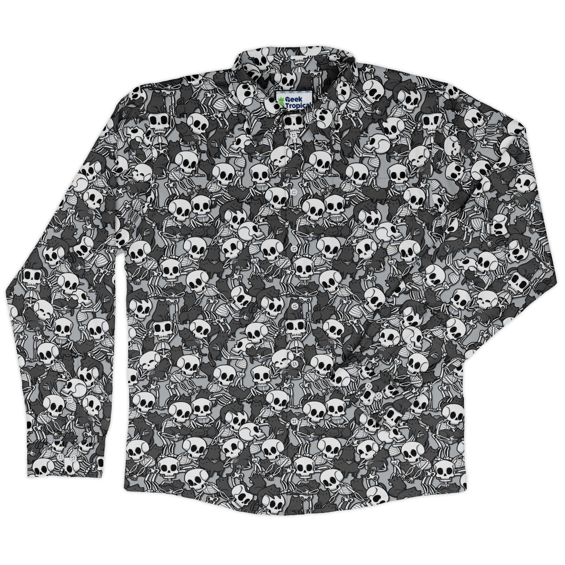 Skeleton Cat Love Long Sleeve Button Up Shirt Geek Nerd 0925 adult sizing All Adult Button Up Shirts